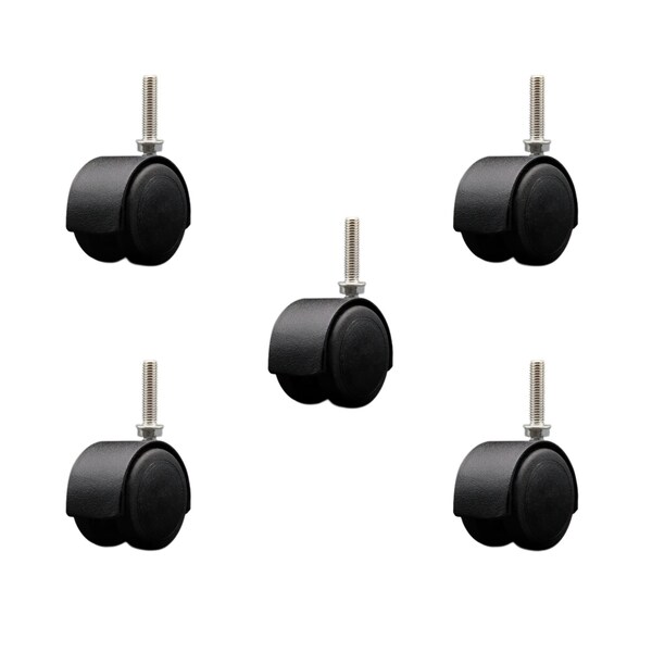 2'' Floor Safe Black Hooded Twin Wheel Caster 3/8 Threaded Stem, 5PK